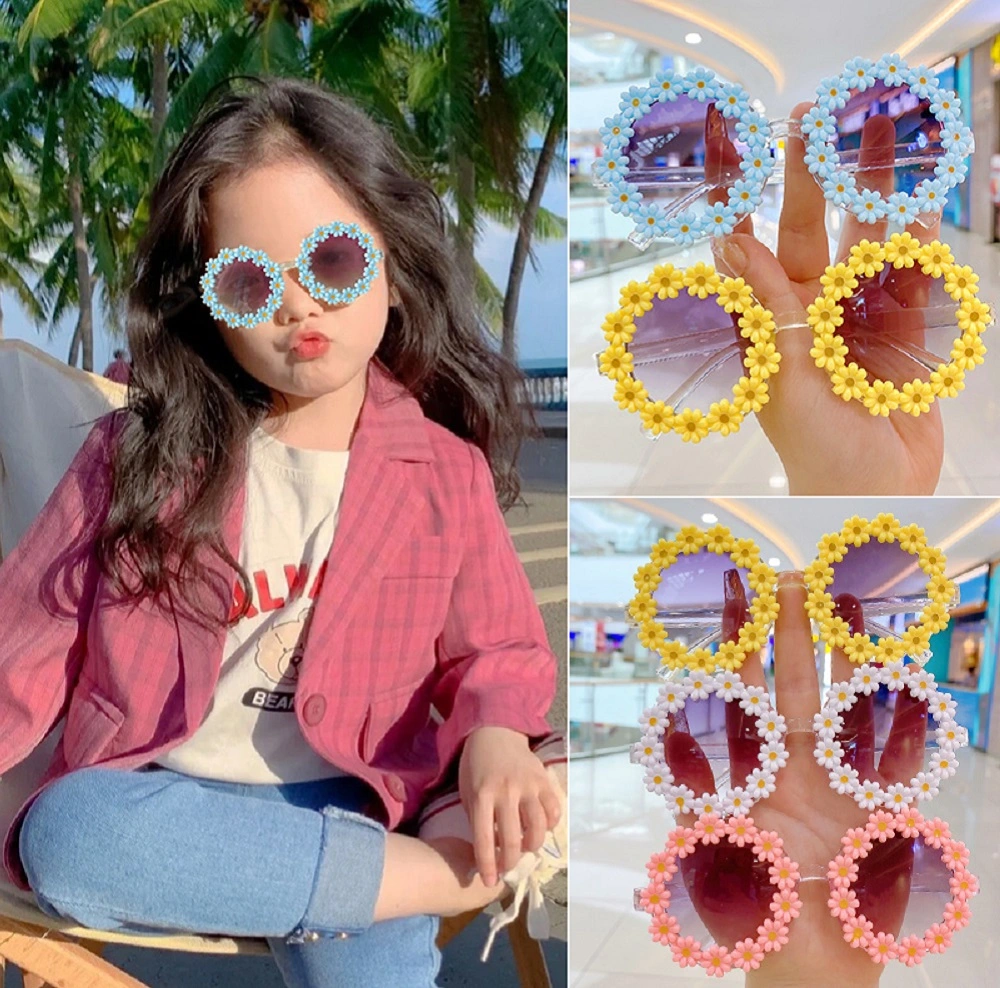 Small Daisy Flowers Decoration Round Frame Shades Travel Fashionable Sunglasses for Kids