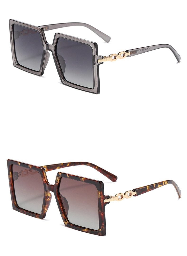 Stock Square Shape Large Frame Metal Chain Design Temples Tr90 Comfortable Women Fashion Sunglasses